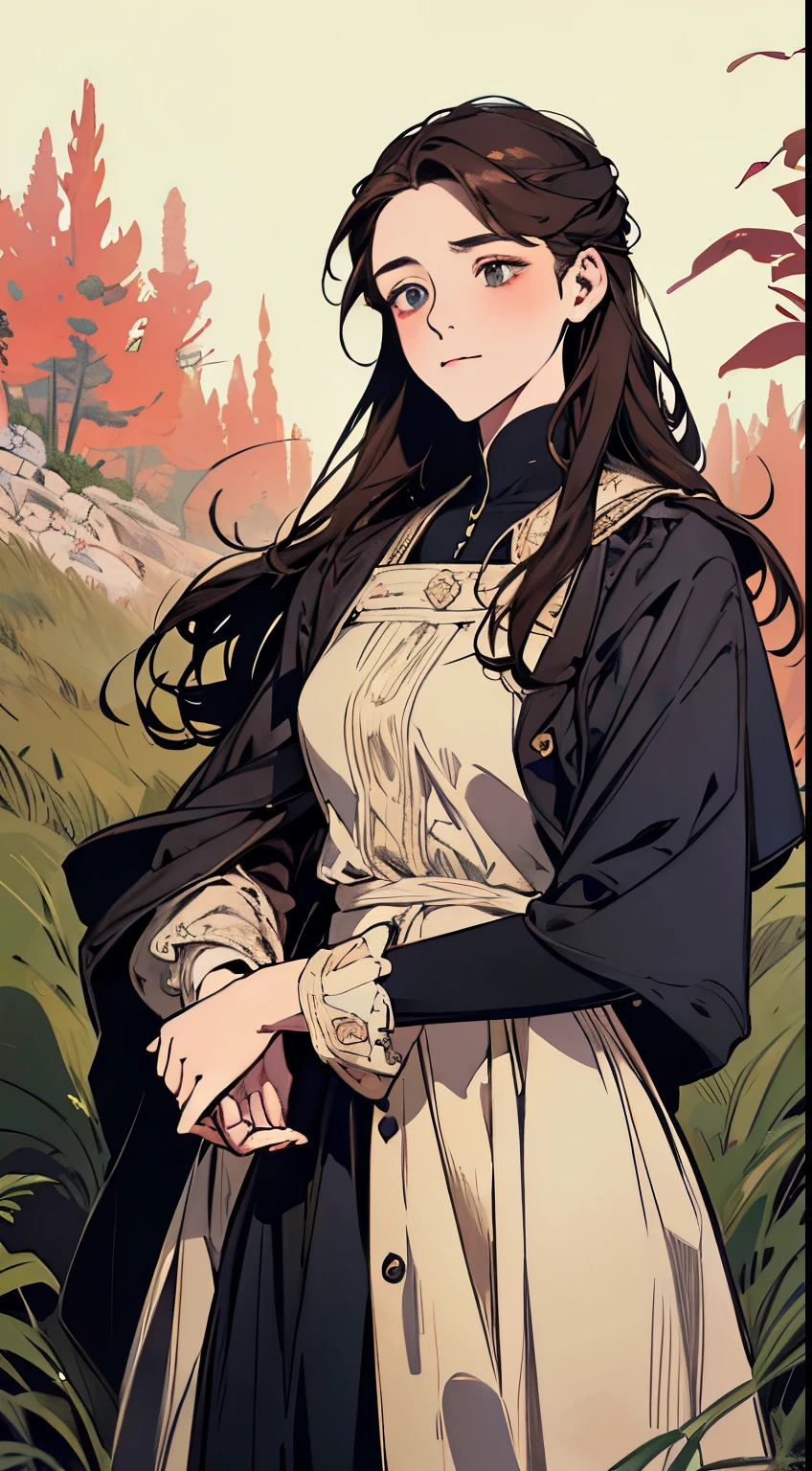 Painting of a woman standing on a hill with flowers in her hands, art by Édouard Bisson, krenzcushart, Opa jeremy lipkin, inspirado em Pierre Auguste Cot, Opa painting style, moebius + Roish + Opa, por Aleksander Gine, Marcos Ariane, inspirado em Cynthia Sheppard