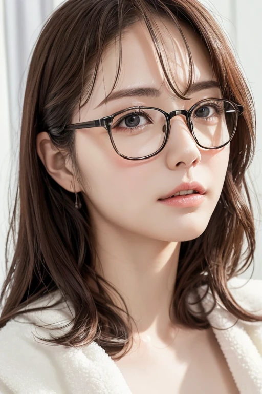 Best Quality、masterpiece、High sensitivity、High resolution、Detailed Description、Delicate facial depiction、Slender women、Glasses、Wet hair、Wipe with a towel、