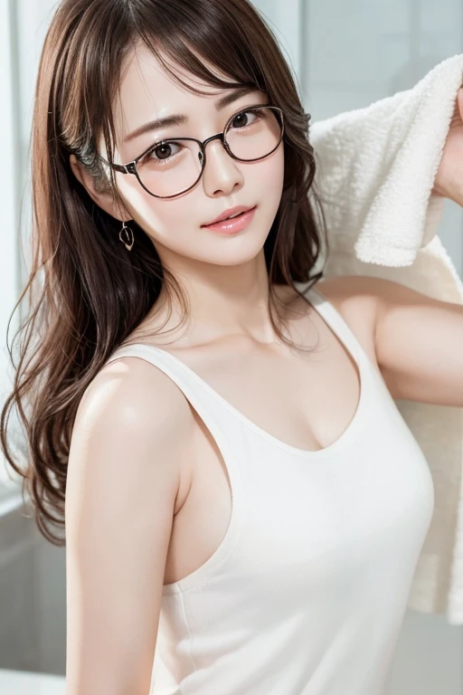 Best Quality、masterpiece、High sensitivity、High resolution、Detailed Description、Delicate facial depiction、Slender women、Glasses、Wet hair、Wipe with a towel、