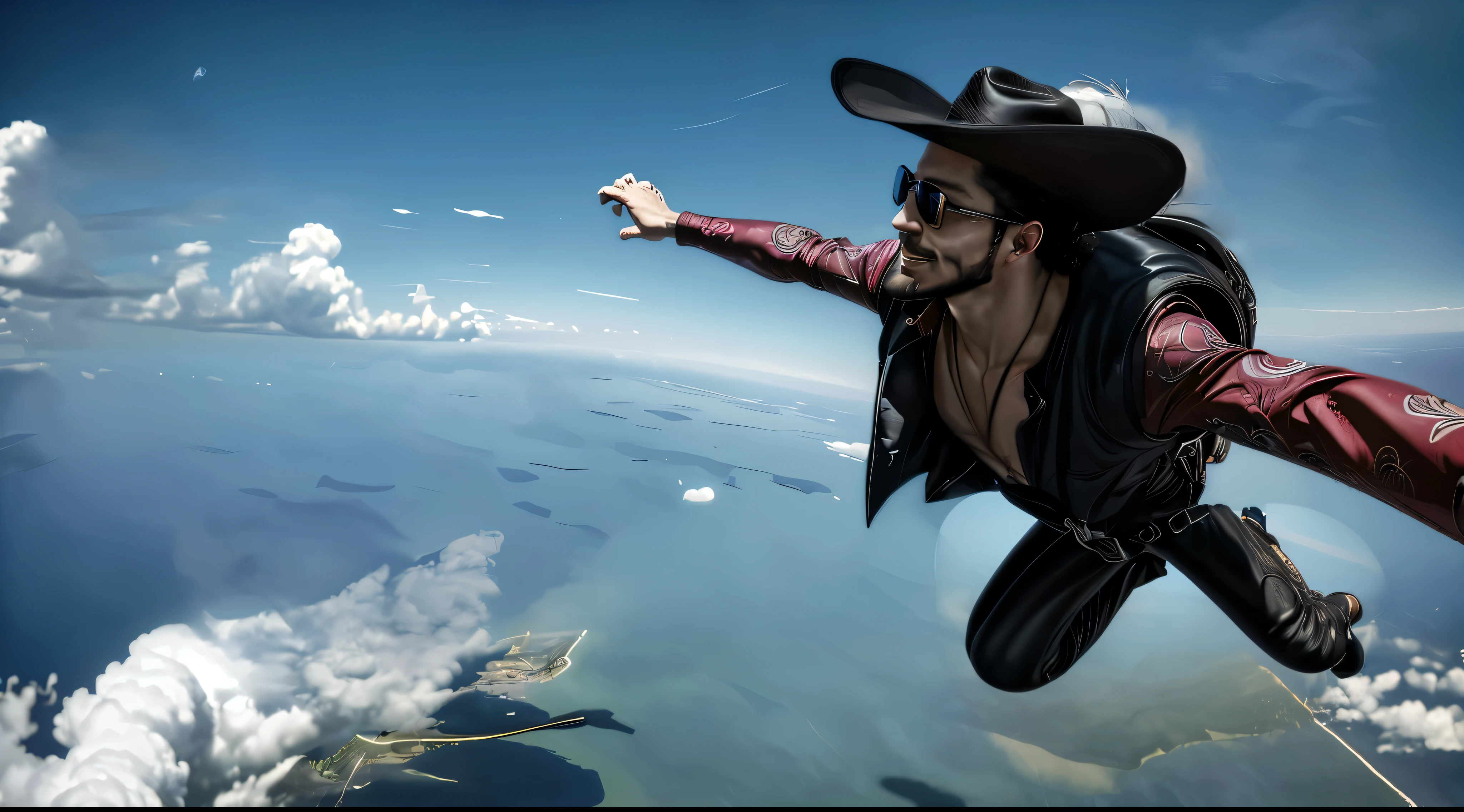 masterpiece, best quality, extremely detailed, hyperrealistic, photorealistic, a cool 40s man, ultra detailed face:1.2, black hat with feathers, skydiving:1.1, flying, floating, aerial view shot, sly smile, artistic jump, strenuous movements, dynamic angle