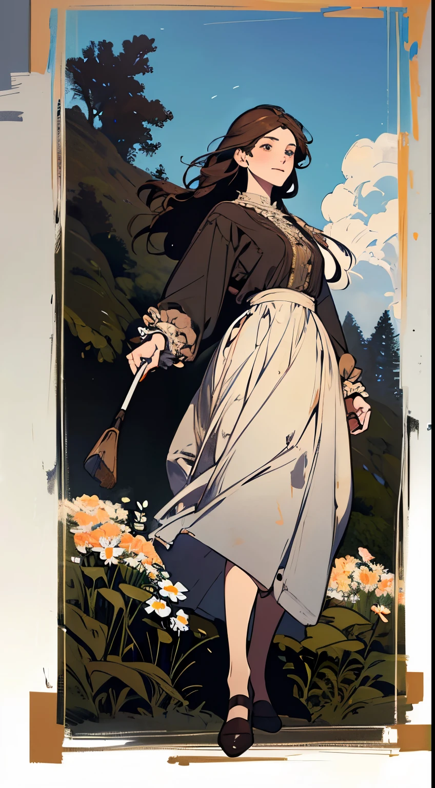 Painting of a woman standing on a hill with flowers in her hands, art by Édouard Bisson, krenzcushart, Opa jeremy lipkin, inspirado em Pierre Auguste Cot, Opa painting style, moebius + Roish + Opa, por Aleksander Gine, Marcos Ariane, inspirado em Cynthia Sheppard