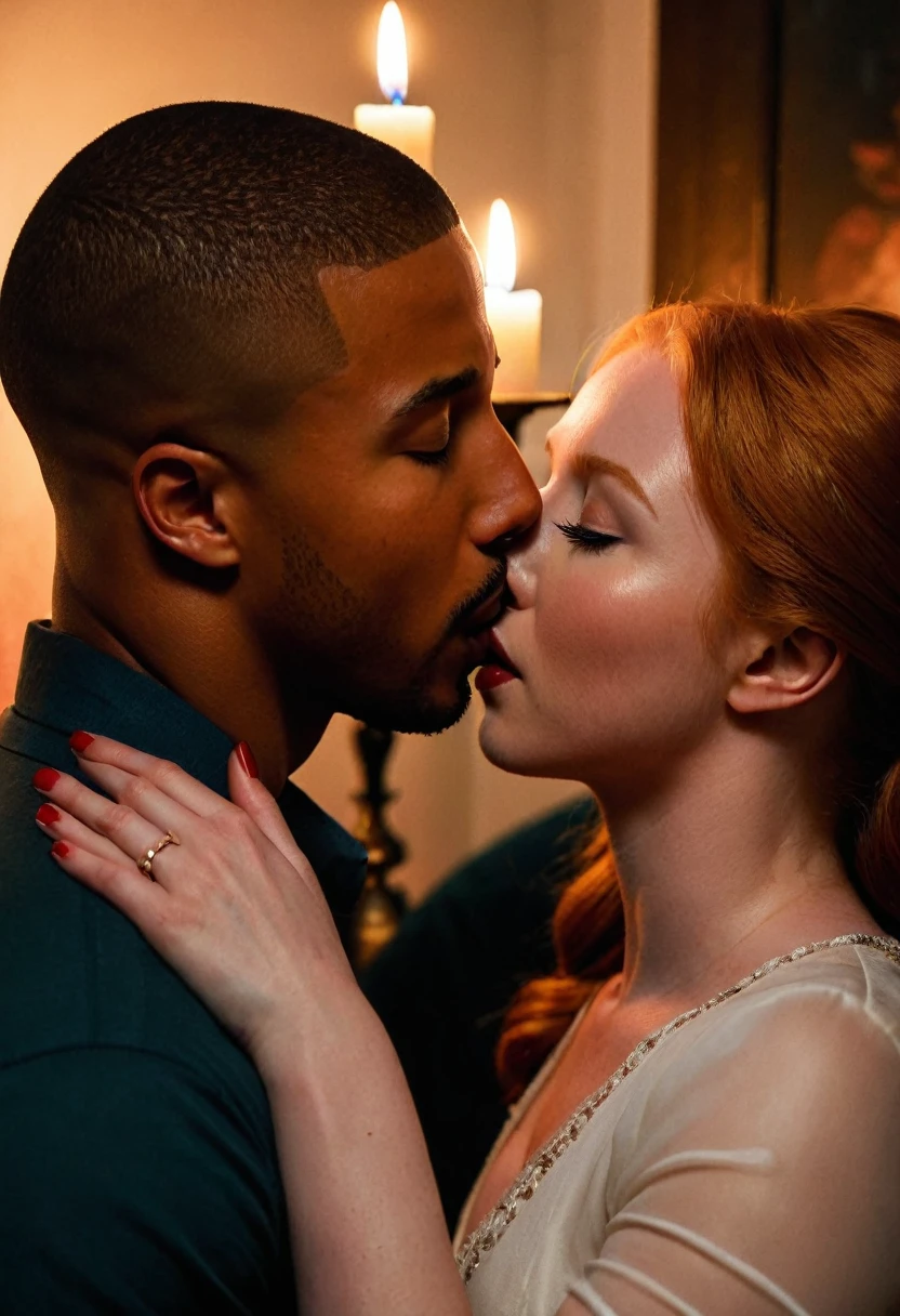 Camryn Grimes and a handsome African American male whose facial features are a combo of Nathan Mitchell + Charles Michael Davis share a steamy kiss inside a bedroom lit only by candlelight. Camryn has lovely makeup on her face. Nighttime. Romantic ambiance. Symmetrical eyes. Symmetrical faces. Lovely details. Photorealistic. Full-colored photo. Professional photo. Highly detailed 8K.