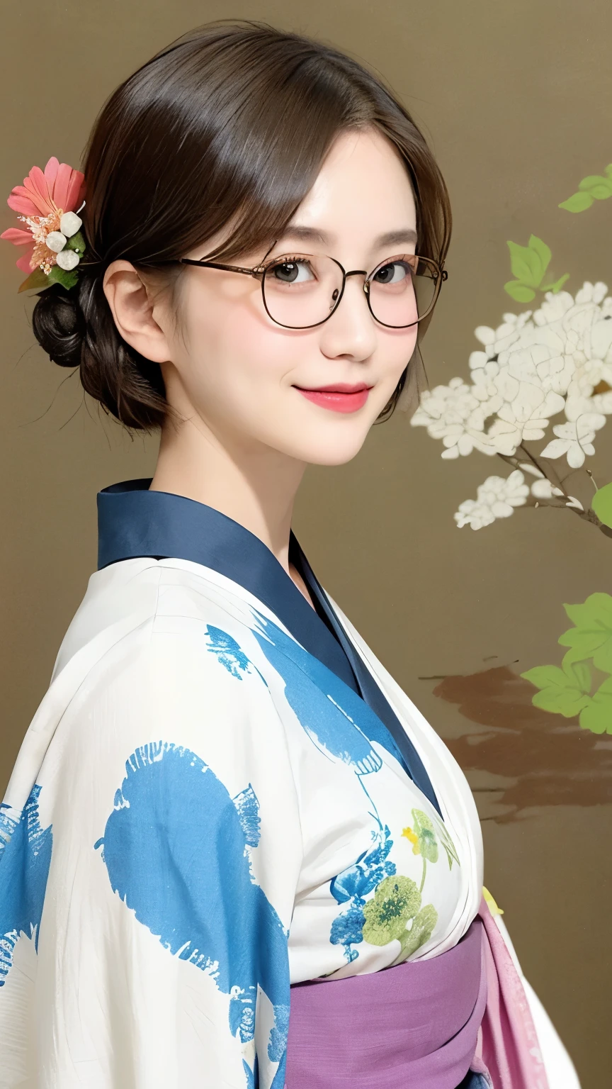 ((best quality)), ((masterpiece)), (detailed), perfect face,A Japanese woman in a kimono wears glasse, ((The lenses of the glasses are dark blue)),((The frames of the glasses are thin and silver.)),The pattern of the kimono is a pink flower pattern.
