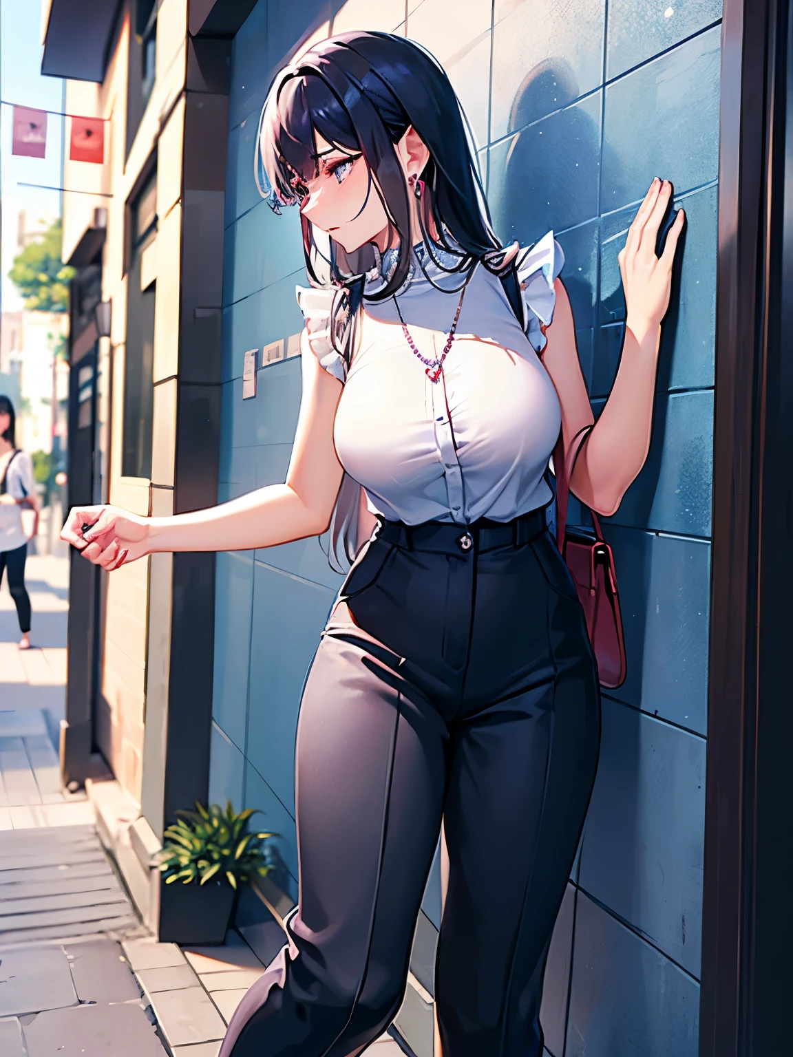 One female、Gaucho pants　light blue、All-lace pattern　Sleeveless shirt　pink、Big Breasts、Beautiful feet、Embarrassed expression、Black Hair　Long Hair、Office buildings、Meeting　Leaning against a wall、Diamond Earrings、Chain Necklaces、Red High Heels、Black Band Bag、Women&#39;s Watches　Silver