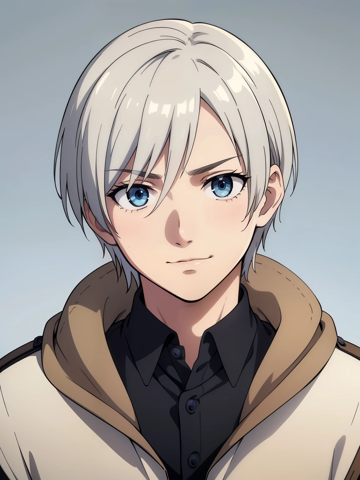 (high-quality, breathtaking),(expressive eyes, perfect face) 1boy, male, solo, portrait, bright smile, kind face, neutral expression, soft smile, Attack on Titan artstyle, portrait, stylized hairstyle, Symmetrical Eyes, silver hair, blue eyes, young face, teenager, grey background, white and blue jacket, black shirt, belt, black pants, medieval clothing, attack on titan clothing
