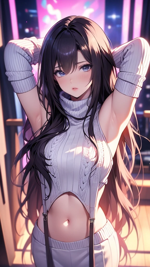 , (( Hentai Style 1.1)), close, Cinema Lighting, Bright colors, Photorealistic, Concept Art Style, high quality, 8k, High resolution, Physical Rendering, Extremely detailed, Blur, Depth of written boundary, Blurred foreground, (masterpiece, Highest quality), 、cute、Innocent look、shy,milf, beautiful face,see-through sleeveless White sweater,(arms behind head),((virgin destroyer sweater))stomach cut,