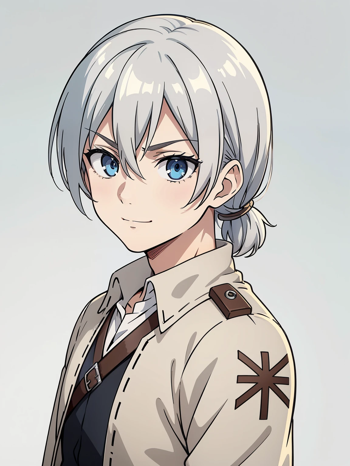 (high-quality, breathtaking),(expressive eyes, perfect face) 1boy, male, solo, portrait, bright smile, kind face, neutral expression, soft smile, Attack on Titan artstyle, portrait, stylized hairstyle, Symmetrical Eyes, silver hair, blue eyes, young face, teenager, grey background, white and blue jacket, black shirt, belt, black pants, medieval clothing, attack on titan clothing
