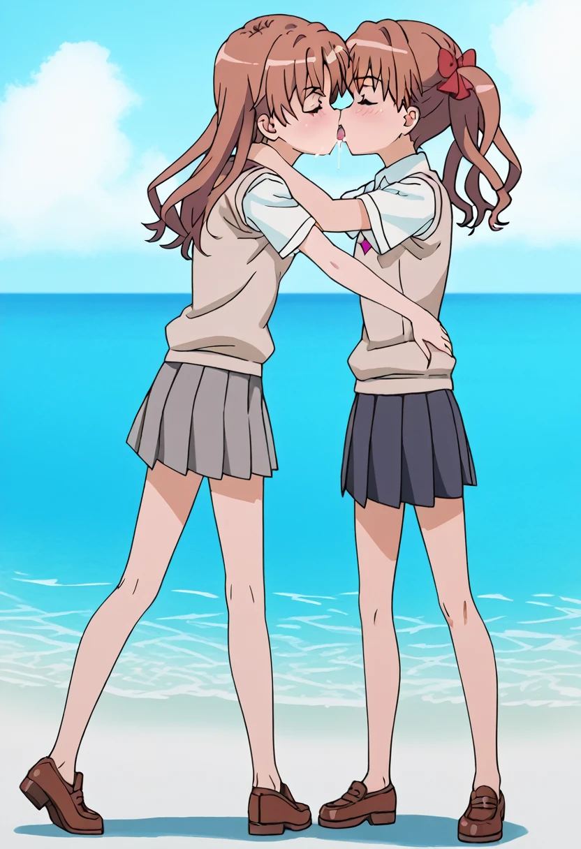 2 females, different hair styles, full body, embracing, blushing, looking at each other, slightly closed eyes, french kissing, tongue out, saliva, drooling,                                                                    BREAK, brown shoes                                                                                                                                                                                              first female, kuroko shirai, brown hair, long hair, twin tails, BREAK  black skirt, collared shirt, dress shirt, pleated skirt, safety pin, school uniform, shirt, short sleeves, skirt, summer uniform, sweater vest, tokiwadai school uniform, white shirt, BREAK 

second female, mikotomisaka, mikoto misaka, short straight hair, brown hair, brown eyes,
skirt, shirt, school uniform, white shirt, short sleeves, pleated skirt, grey skirt, sweater vest, tokiwadai school uniform,
beach
