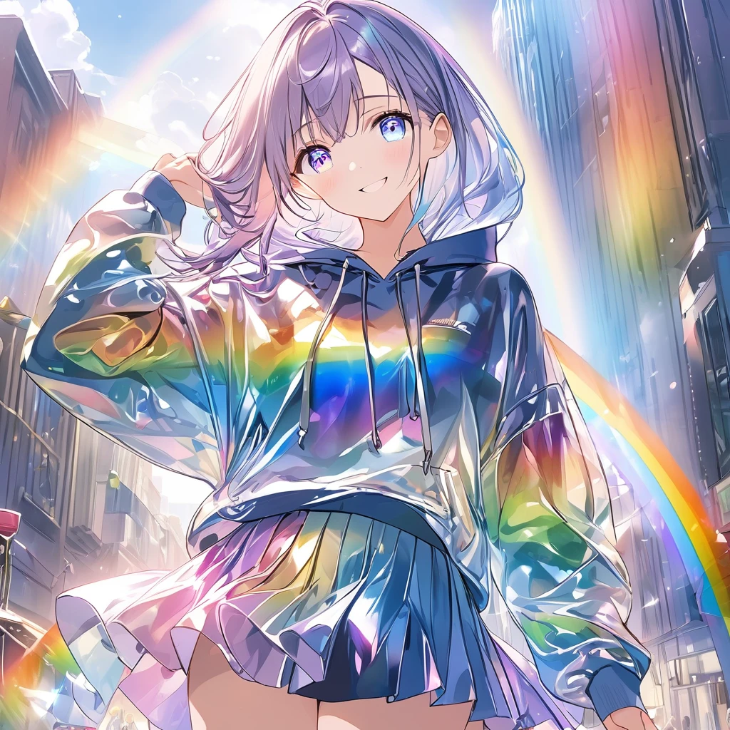 anime、((Amazingly absurd)),(masterpiece:1.2),超High resolution, Attention to detail, high quality, High resolution, 最high quality, 4K, 8k、One woman,Glass Clothes,hoodie,skirt,Iridescent,Rainbow Eyes,Shining Eyes,Looking at me and smiling,Mysterious