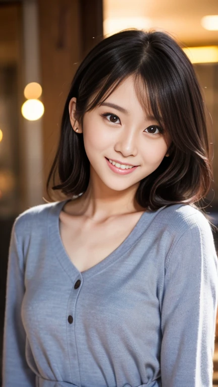 (masterpiece:1.3), (8k, Photorealistic, RAW Photos, Best image quality: 1.4), Japanese Girls、、(Random hairstyle:1.2)、(Cleavage:1.2)、Super detailed face、Eye on the details、double eyelid、Chest to chest、Sharp focus:1.2、(Cute Woman:1.4)、Light brown hair、bangs、highest quality、Ultra-high resolution、(Photorealistic:1.4)、Highly detailed and professionally lit smiles、Loose, lightweight knitwear、thin、smile、Long Hair、Upper body portrait