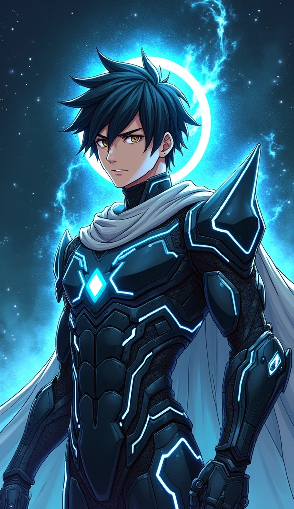 Create an image of the face of a young man with black hair and a muscular build, with glowing brown eyes. He is wearing full-body high-tech black robotic armor with glowing blue high-tech patterns on parts of the armor. He is also wearing a gray cloak over his shoulders and a black high-tech belt with equipment around his waist. A glowing blue high-tech halo is floating behind his head, resembling a deity. He is standing with his arms crossed. The image should only show the head to chest area, with a background of stars and galaxies. The style should be detailed anime line art.