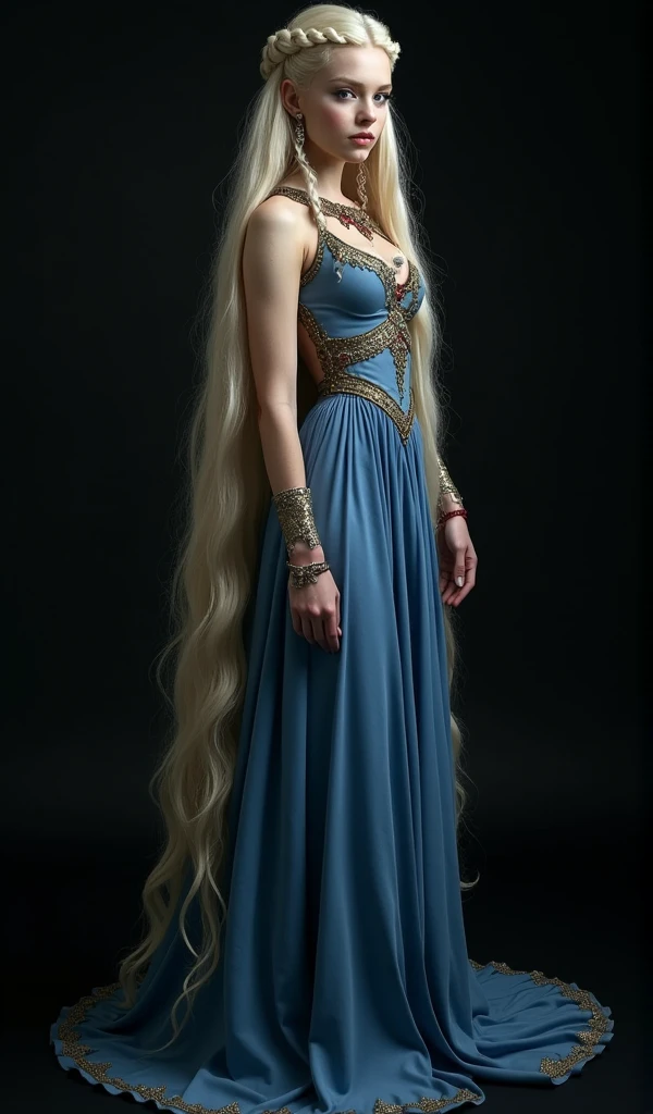full body portrait, female character, long flowing pale cyan hair covering left eye, elegant green floor-length dress with medieval fantasy elements, mysterious black market merchant, fair skin tone, simple 3-color art style (pale cyan, green, skin tone), white background, poised stance