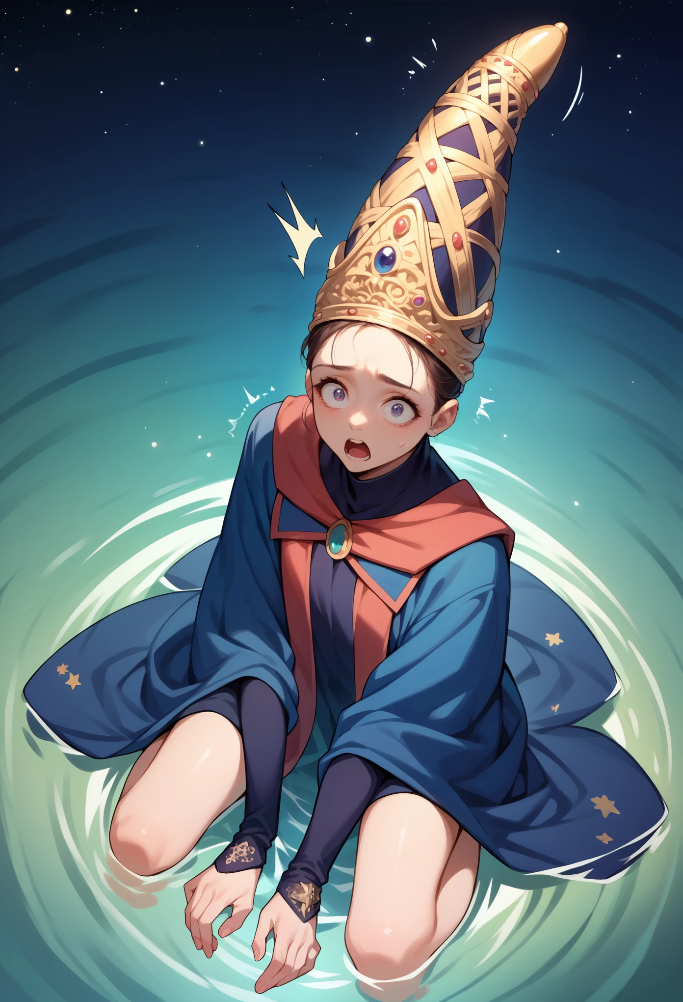 score_9, score_8_up, score_7_up, 1girl, solo, (teen:1.5), teenager, Rennala, crown, dress, blue robe, wide sleeves, long sleeves, shocked, shaking,  looking at you, kneeling, night, on water, starry night, empty background, Oversized Clothes, from frontal