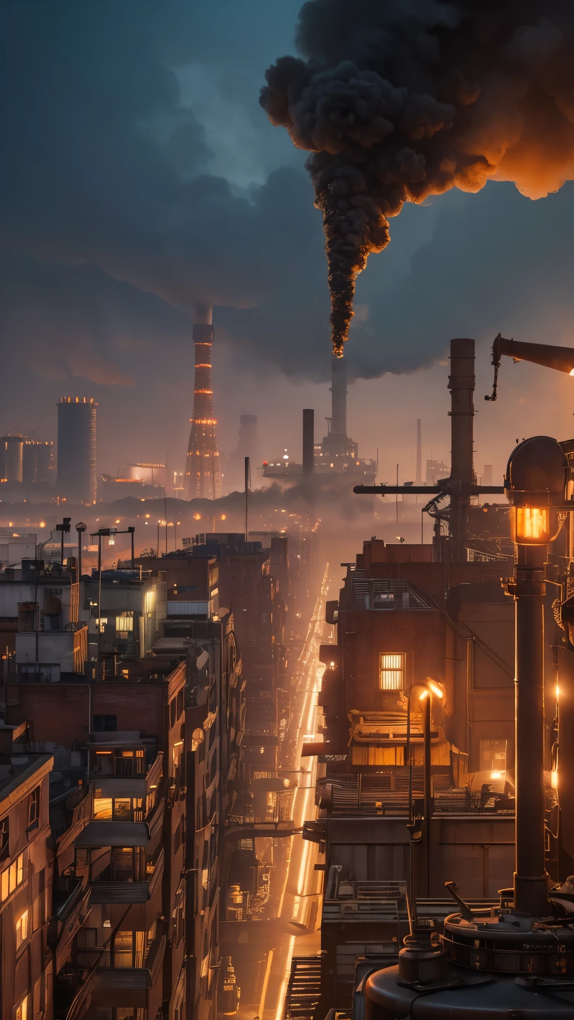 tmasterpiece,Scenes,Inside an abandoned building,bonfires,city ruins,Huge towering chimneys in the distance,abandoned factory,Atmospheric distance,Detail enhancement,Stale and shabby scenes,high qulity,The ground was littered with debris,Concrete floors,Huge concrete building,