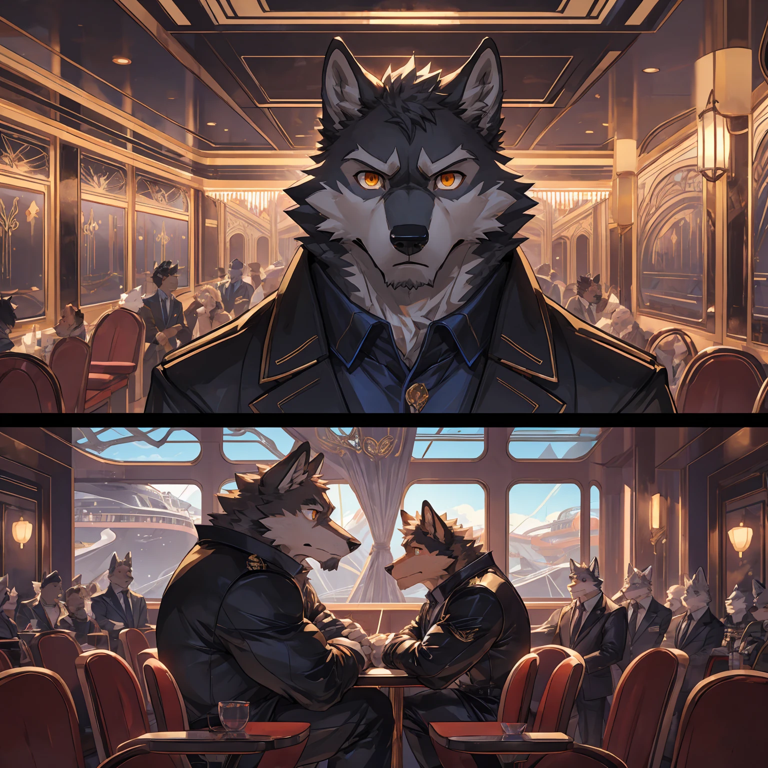 embedding:Single person, (Gray Wolf), Golden Eyes, (muscle发达的身体:0.60), Perfect eyes, Handsome,Killer身份(whole body)(Wearing black tights),(Killer，在Luxury cruise ship，Modern City), Dark cruise ship interior background,(close up),(Serious and nervous eyes:1.3),Don&#39;t look at the camera,(Wolf ears),(Wolf Tail),Perfect masterpiece,(16k),Solitary(Single),((Strong)),(Terror Cruise内场景),(Standing，Perfect proportions,（Standing scene inside a dark luxury cruise ship:1.4),(Don&#39;t look at the camera:1.1),(Middle distance:1.1)Strong,muscle,Wearing black tights（Luxury cruise ship：1.1）,adult，Mature，Handsome，night，Terror Cruise，CG,Adult,The highest quality of scene detail，Best quality hands, best quality eye，detailed fur，Delicate eyes.Extreme picture quality，by sollyz,by zixiong,by milkytiger1145