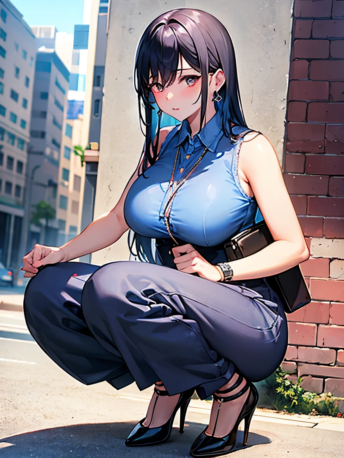 One female、Gaucho pants　light blue、All-lace pattern　Sleeveless shirt　pink、Big Breasts、Beautiful feet、Embarrassed expression、Black Hair　Long Hair、Office buildings、Squat　Leaning against a wall、Diamond Earrings、Chain Necklaces、Red High Heels、Black Band Bag、Women&#39;s Watches　Silver