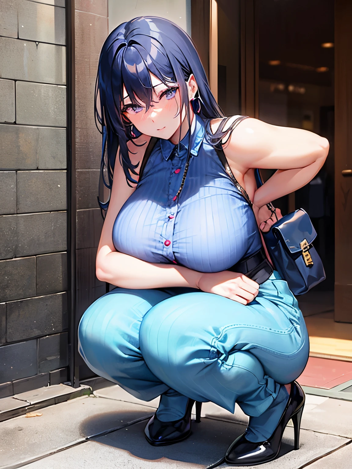 One female、Gaucho pants　light blue、All-lace pattern　Sleeveless shirt　pink、Big Breasts、Beautiful feet、Embarrassed expression、Black Hair　Long Hair、Office buildings、Squat　Leaning against a wall、Diamond Earrings、Chain Necklaces、Red High Heels、Black Band Bag、Women&#39;s Watches　Silver