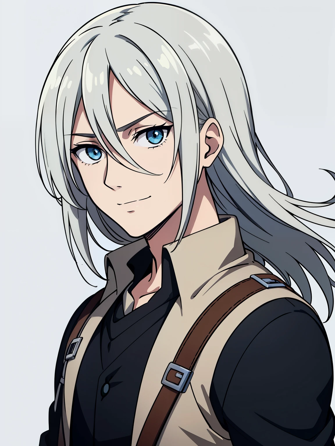 (high-quality, breathtaking),(expressive eyes, perfect face) 1boy, male, solo, portrait, bright smile, kind face, neutral expression, soft smile, Attack on Titan artstyle, portrait, stylized hairstyle, Symmetrical Eyes, silver hair, blue eyes young adult, grey background, white and blue jacket, black shirt, belt, black pants, medieval clothing, attack on titan clothing, long hair length, narrow eyes, charming
