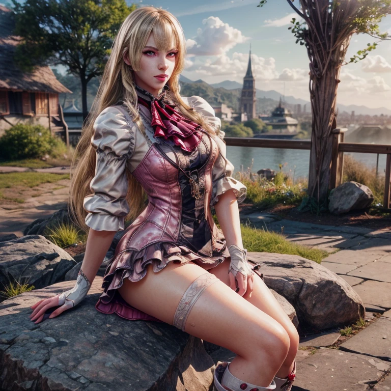 Photo of a beautifull lili from tekken with long blonde hair, sit on the rock wearing pink thigh-high socks, crossed legs, and stylish boots, (best quality,4k,8k,highres,masterpiece:1.2),ultra-detailed,(realistic,photorealistic,photo-realistic:1.37),beautiful detailed eyes,beautiful detailed lips,extremely detailed eyes and face,longeyelashes,detailed fashion,intricate details,elegant pose,warm lighting,soft colors,cinematic lighting,delicate skin,highly detailed portrait