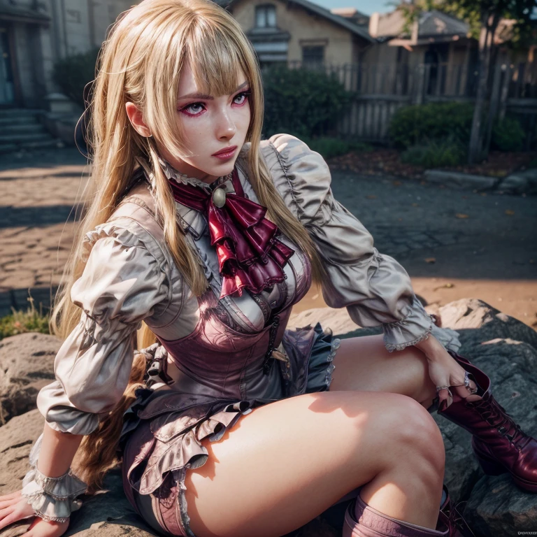 Photo of a beautifull lili from tekken with long blonde hair, sit on the rock wearing pink thigh-high socks, crossed legs, and stylish boots, (best quality,4k,8k,highres,masterpiece:1.2),ultra-detailed,(realistic,photorealistic,photo-realistic:1.37),beautiful detailed eyes,beautiful detailed lips,extremely detailed eyes and face,longeyelashes,detailed fashion,intricate details,elegant pose,warm lighting,soft colors,cinematic lighting,delicate skin,highly detailed portrait