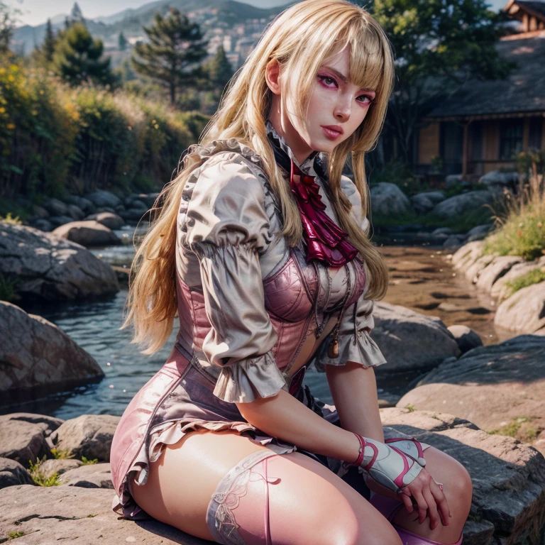 Photo of a beautifull lili from tekken with long blonde hair, sit on the rock wearing pink thigh-high socks, crossed legs, and stylish boots, (best quality,4k,8k,highres,masterpiece:1.2),ultra-detailed,(realistic,photorealistic,photo-realistic:1.37),beautiful detailed eyes,beautiful detailed lips,extremely detailed eyes and face,longeyelashes,detailed fashion,intricate details,elegant pose,warm lighting,soft colors,cinematic lighting,delicate skin,highly detailed portrait