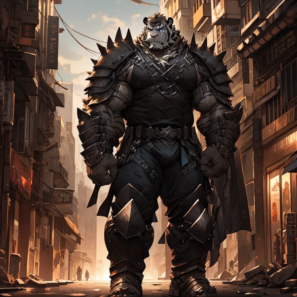 a muscular and burly mercenary, standing on a city street with a stern expression, highly detailed face, intricate armor and weapons, dramatic lighting, cinematic composition, gritty realistic style, dark moody colors muscular tiger