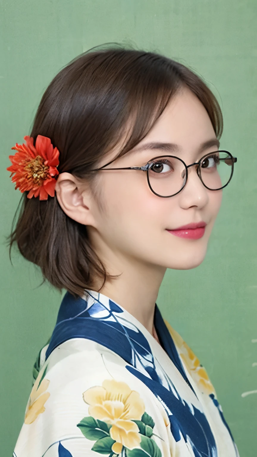 2 (20-year-old woman,Short Hair) , (A kind smile) , (kimono), (colorful), (Japanese painting by Uemura Shōen), flower, Glasses