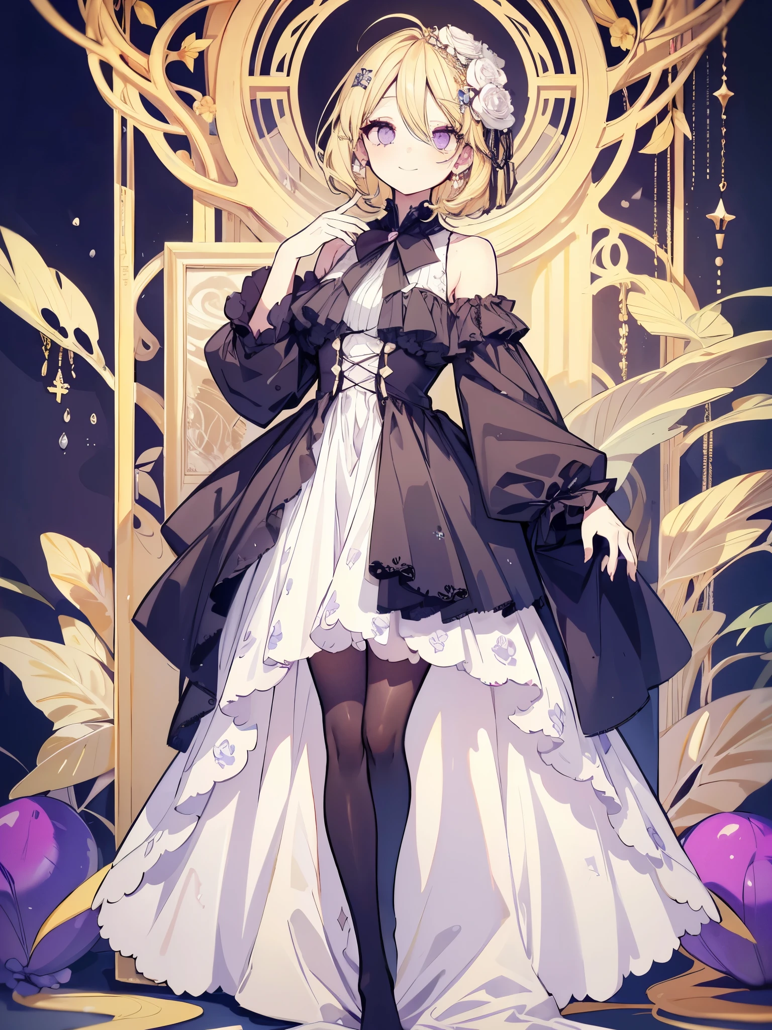 High resolution, Best Quality, masterpiece, Ultra-precision,Full body portrait,Character Portrait,One girl, solo,adult,Look at, Beautiful Face,((Light golden hair)),Short Hair,Parted bangs,Inner Color,((Light purple eyes)),Fine slanted eyes,Long eyelashes,smile,Sister,Long dress,High neck,Long sleeve,Black tights,White rose hair accessory,Slender figure,Tall,Simple Background,Concept Art, 