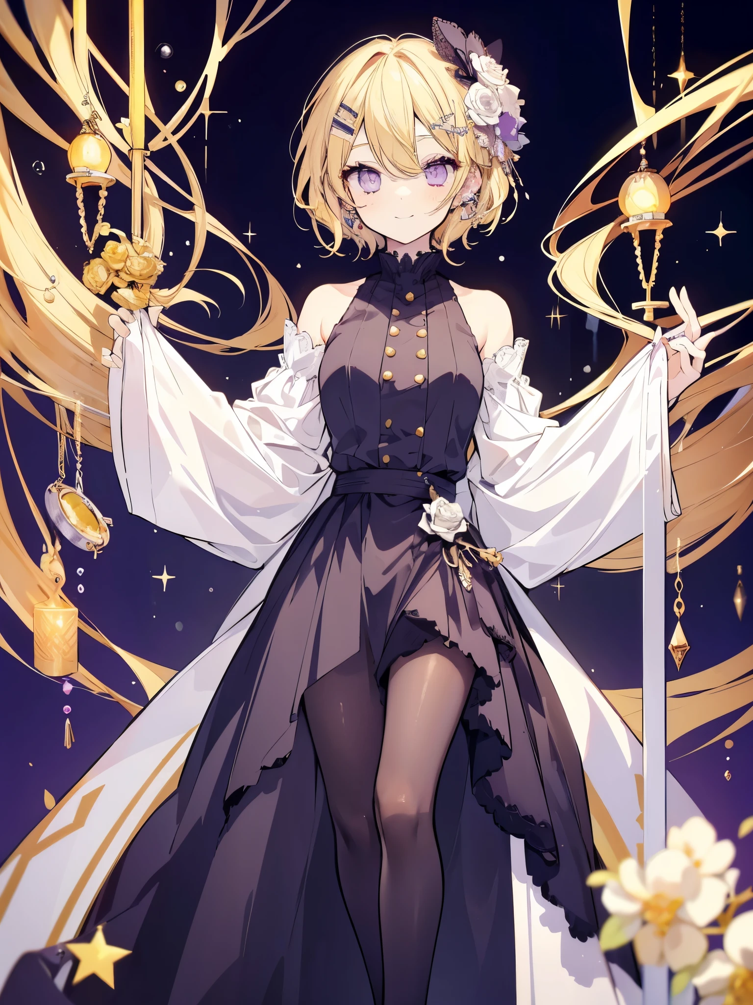 High resolution, Best Quality, masterpiece, Ultra-precision,Full body portrait,Character Portrait,One girl, solo,adult,Look at, Beautiful Face,((Light golden hair)),Short Hair,Parted bangs,Inner Color,((Light purple eyes)),Fine slanted eyes,Long eyelashes,smile,Sister,Long dress,High neck,Long sleeve,Black tights,White rose hair accessory,Slender figure,Tall,Simple Background,Concept Art,