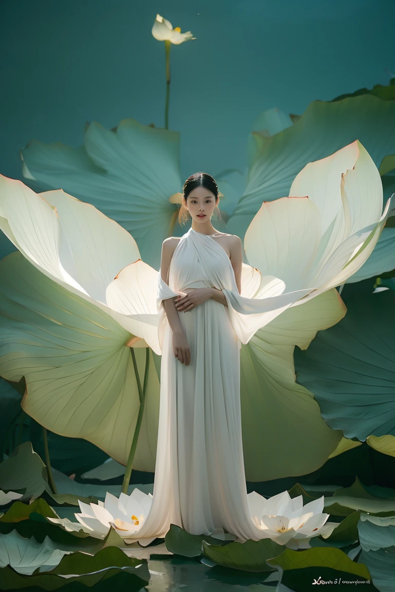 light pink and light white shades,Full body female love,  White background, natural lighting, Light effect, minimalist, elegant, pure tenderness, soft light lighting, realistically. a woman is (clavicle, bshoulder,) placed in a (pray and stand) super giant lotus，The petals are big and long (The petals are thin, soft gauze, Full background of flowing petals, floating petals, super flying petals, Mixed effect of smoke and petals), lotus dress,((perspective)).lotus_leaf_fairy