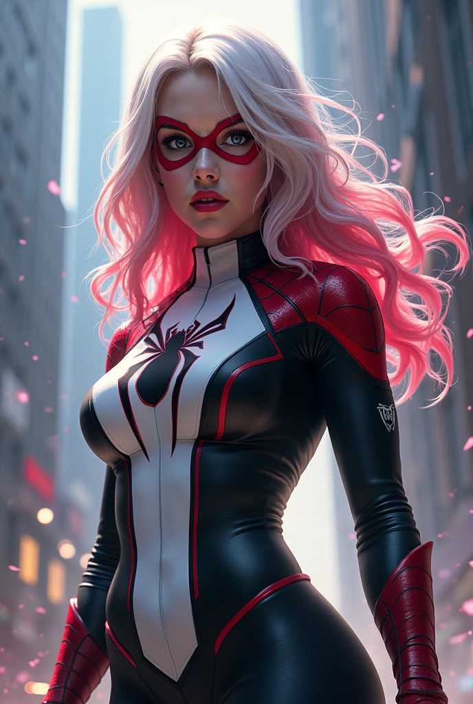 1.2, Kristen Stewart, blonde long hair, Masterpiece, 4k resolution, ultra-realistic, very detailed, sensual look, Spider Gwen costume, full body, sandy urban environment :0.8, cityscape, at night, dynamic lights, full moon, very realistic, very detailed, white pink female Spider-Man suit, smooth face, perfect teeth