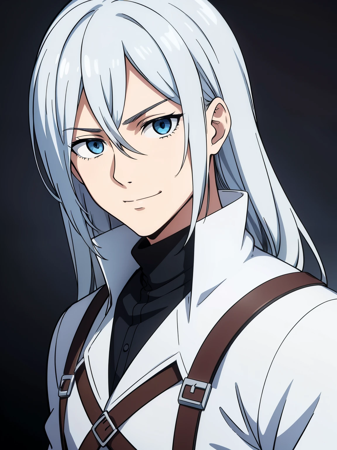 (high-quality, breathtaking),(expressive eyes, perfect face) 1boy, male, solo, portrait, bright smile, kind face, neutral expression, soft smile, Attack on Titan artstyle, portrait, stylized hairstyle, Symmetrical Eyes, silver hair, blue eyes, teenager, grey background, white and blue jacket, black shirt, belt, black pants, medieval clothing, long hair length, narrow eyes, charming
