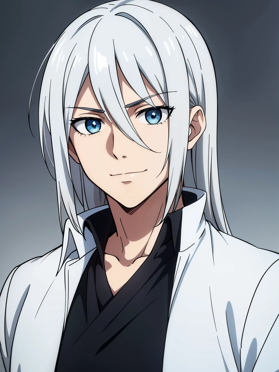 (high-quality, breathtaking),(expressive eyes, perfect face) 1boy, male, solo, portrait, bright smile, kind face, neutral expression, soft smile, Attack on Titan artstyle, portrait, stylized hairstyle, Symmetrical Eyes, silver hair, blue eyes, teenager, grey background, white and blue jacket, black shirt, belt, black pants, medieval clothing, long hair length, narrow eyes, charming
