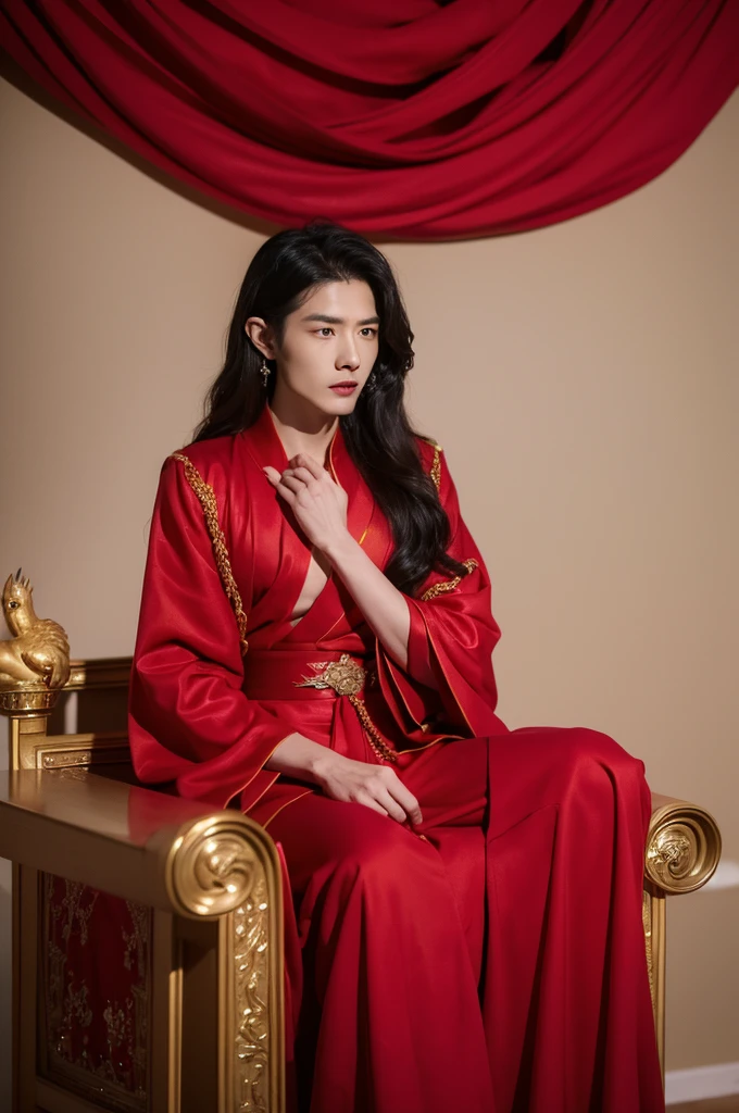 a woman in a red robe sitting on a throne with a bird on her shoulder, flowing hair and long robes, beautiful male god of death, by Yang J, clothed in ancient suit, handsome guy in demon slayer art, beautiful androgynous prince, fully clothed in red robes, wearing gilded red robes, wearing flowing robes, delicate androgynous prince