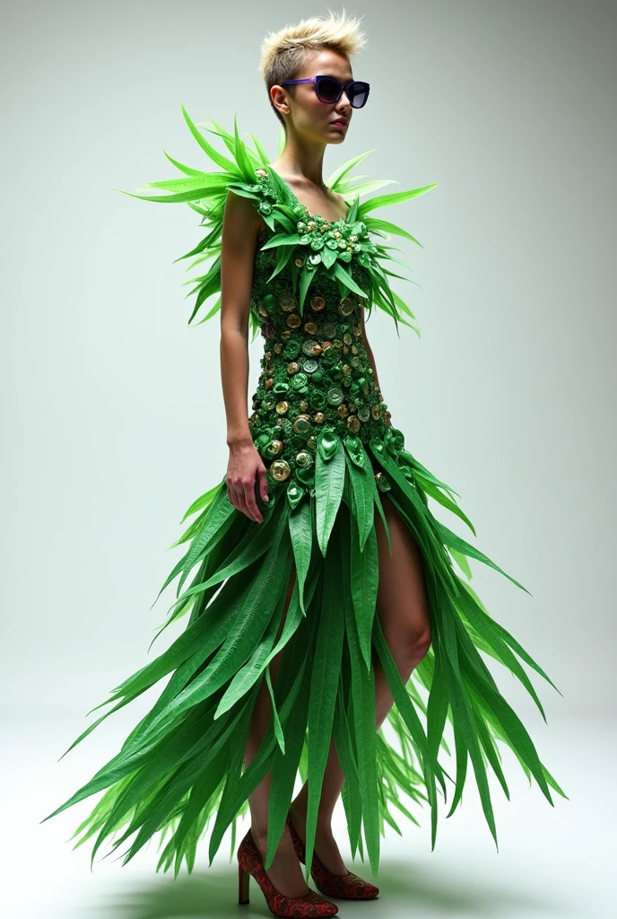 Close-up of a ruffled dress on a model, Clothes made from durian peel, Wearing a skirt made of thorns, Wearing a skirt made of durian, a complicated dress, Durian decoration on skirt, Durian dress, full body dress, Dressed beautifully, dress, Skirt made from durian thorns, Dreamy dress, Expensive loose dress