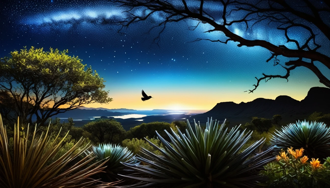 A dark plateau with beautiful vegetation and a fascinating night, Surrounded by the fantastic light of stars in the dark,Cute little bird flying