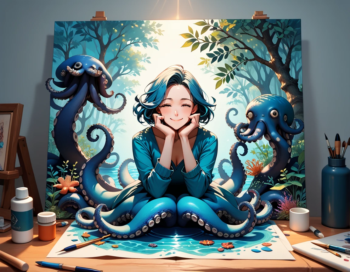 Smooth digital, teal octopus, a creature, one octopus, thinking expression, a happy cartoon (octopus) drawing a blue circle on art canvas, drawing blue ink, octopus holding a paintbrush with tentacle, simple art studio, simple background, planted pots, soft lighting