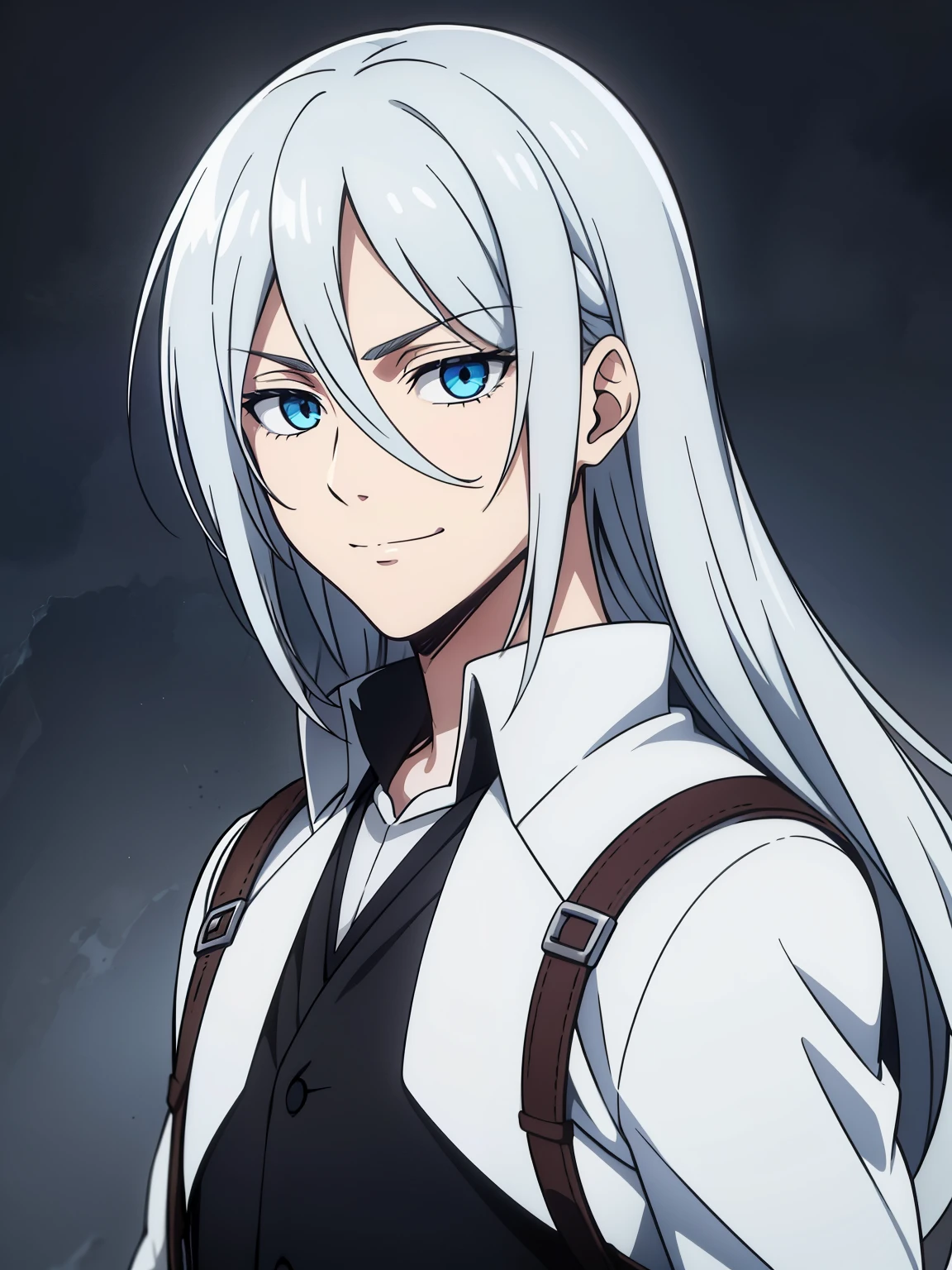 (high-quality, breathtaking),(expressive eyes, perfect face) 1boy, male, solo, portrait, bright smile, kind face, neutral expression, soft smile, Attack on Titan artstyle, portrait, stylized hairstyle, Symmetrical Eyes, silver hair, blue eyes, teenager, grey background, white and blue jacket, black shirt, belt, black pants, medieval clothing, long hair length, narrow eyes, charming
