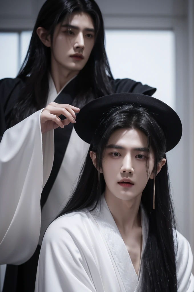 a close up of a person with long hair wearing a black robe, cai xukun, with long white hair, with white long hair, inspired by Zhang Han, inspired by Wu Daozi, inspired by Bian Shoumin, inspired by Luo Mu, with his long black hair, inspired by Gong Xian, inspired by Wu Bin, he has dark grey hairs