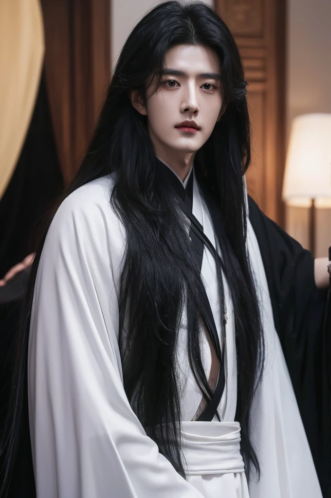 a close up of a person with long hair wearing a black robe, cai xukun, with long white hair, with white long hair, inspired by Zhang Han, inspired by Wu Daozi, inspired by Bian Shoumin, inspired by Luo Mu, with his long black hair, inspired by Gong Xian, inspired by Wu Bin, he has dark grey hairs