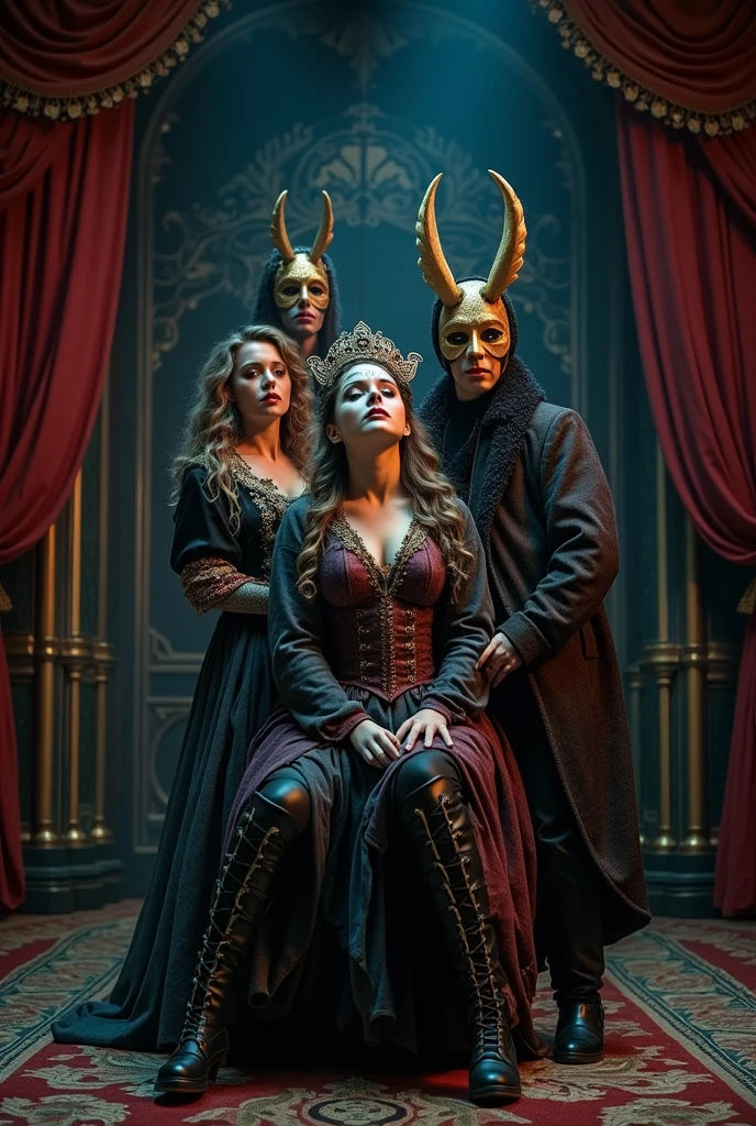 In a dark royal room a group of cloaked Boys are watching a nude blonde girl with venetian mask and High hells