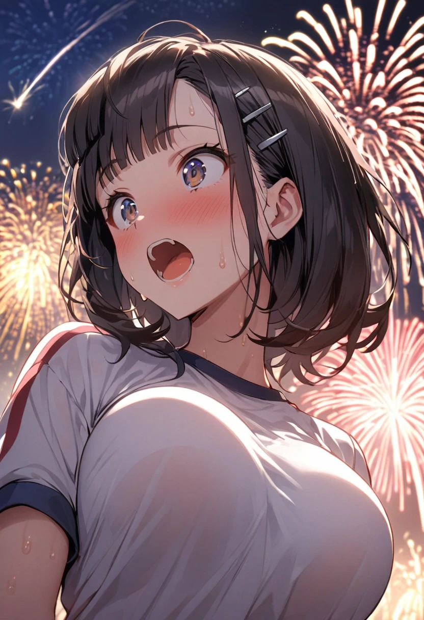 One Girl、White gym clothes、One Curl Bob Cut, Highest quality、Black Hair、Sweaty body、Obscene sound effects、Japanese Moans、Big Breasts、Surprised、(Show your forehead)、hairpin、meteor shower、night sky、(fly in the air)、rush over、View from below、(fireworks display)