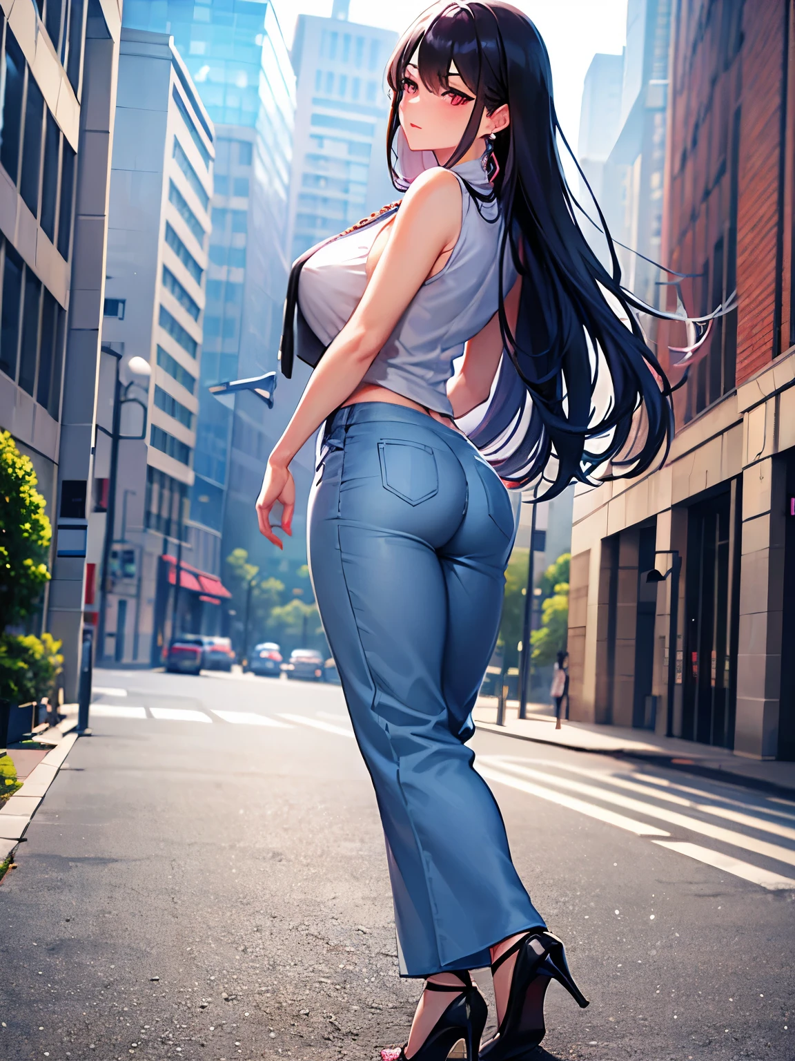 One female、Gaucho pants　light blue、All-lace pattern　Sleeveless shirt　pink、Big Breasts、Beautiful feet、Embarrassed expression、Black Hair　Long Hair、Office buildings、Butt　Looking back　Wall、Diamond Earrings、Chain Necklaces、Red High Heels、Black Band Bag、Women&#39;s Watches　Silver