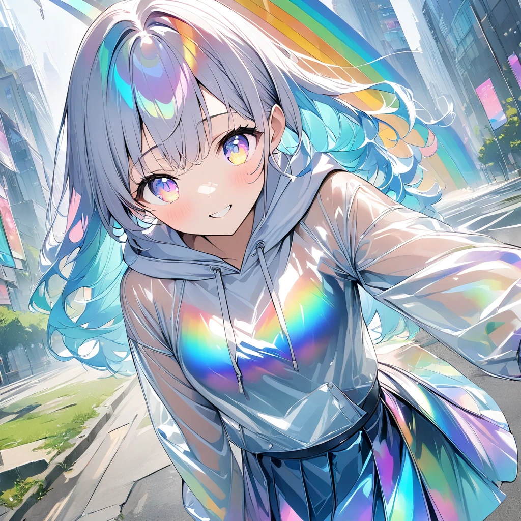 anime、((Amazingly absurd)),(masterpiece:1.2),超High resolution, Attention to detail, high quality, High resolution, 最high quality, 4K, 8k、One woman,Glass Clothes,hoodie,skirt,Iridescent,Rainbow Eyes,Shining Eyes,Looking at me and smiling,Mysterious