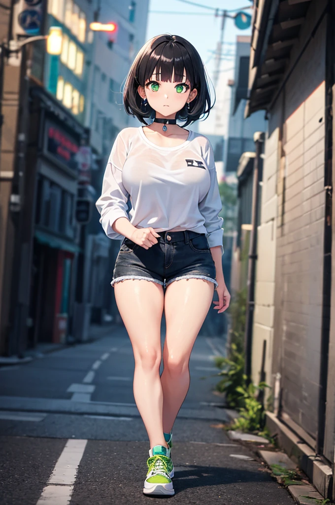 (masterpiece), (absurdres), (1girl), (huge breasts), (solo), ;p, teasing, leaning forward, crop top, crop top overhang, micro denim shorts, sidewalk, backpack, short hair, one side up, hair tie, (chibi:0.7), hand on hip, hand on own face, (akanbe:1.4), collarbone, skinny, blue sky, cloudy sky, full body,