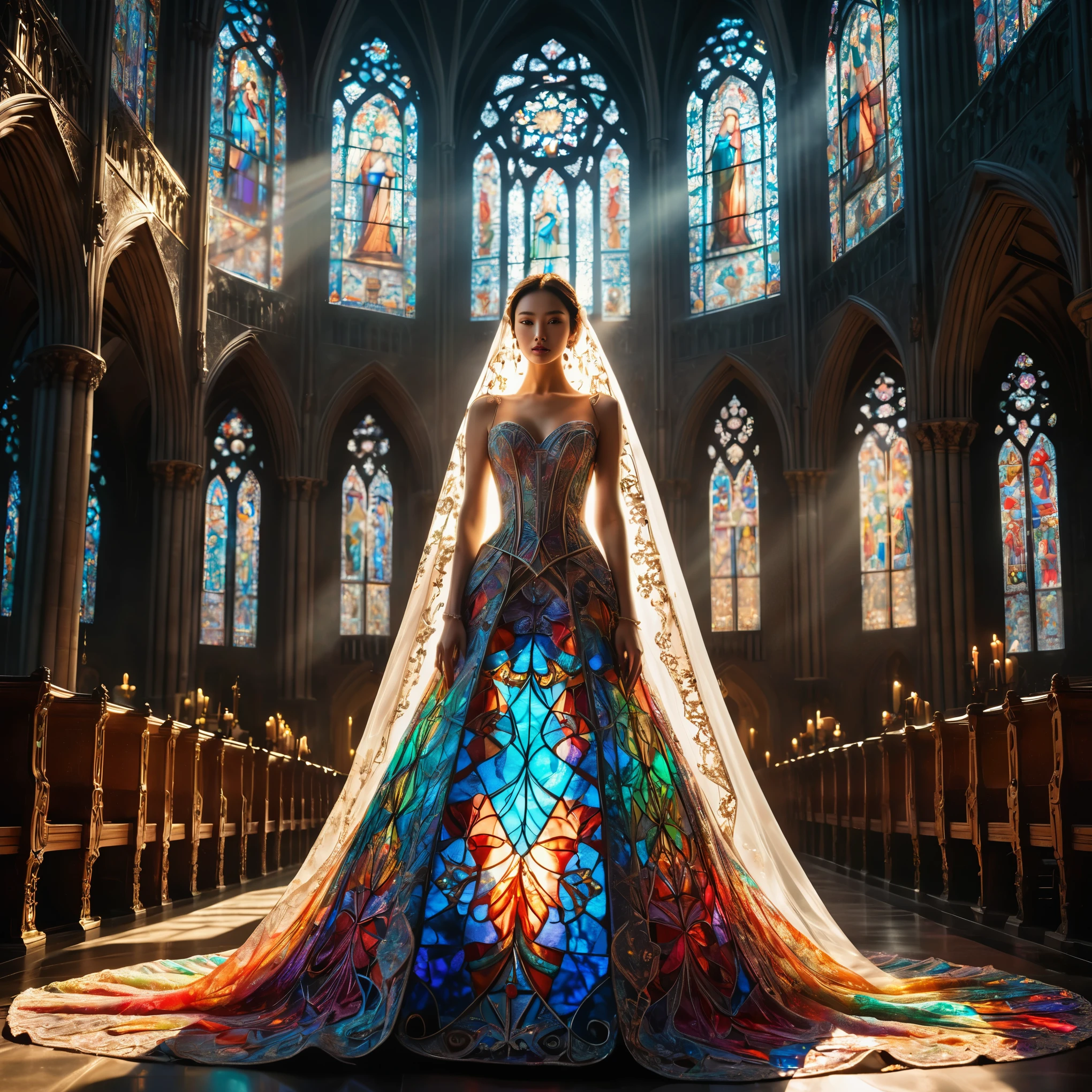 A woman with a shining aura。Wear elaborate neon-colored outfits with intricate details、Sunlight pours in through the skylight、Standing in a dark cathedral decorated with stained glass。The woman is wearing an elaborately decorated wedding dress and wedding veil.。.、Hourglass Shape、Cinema Lighting、Dramatic atmosphere、Very detailed、Vibrant colors、Photorealistic、8k、Best Quality