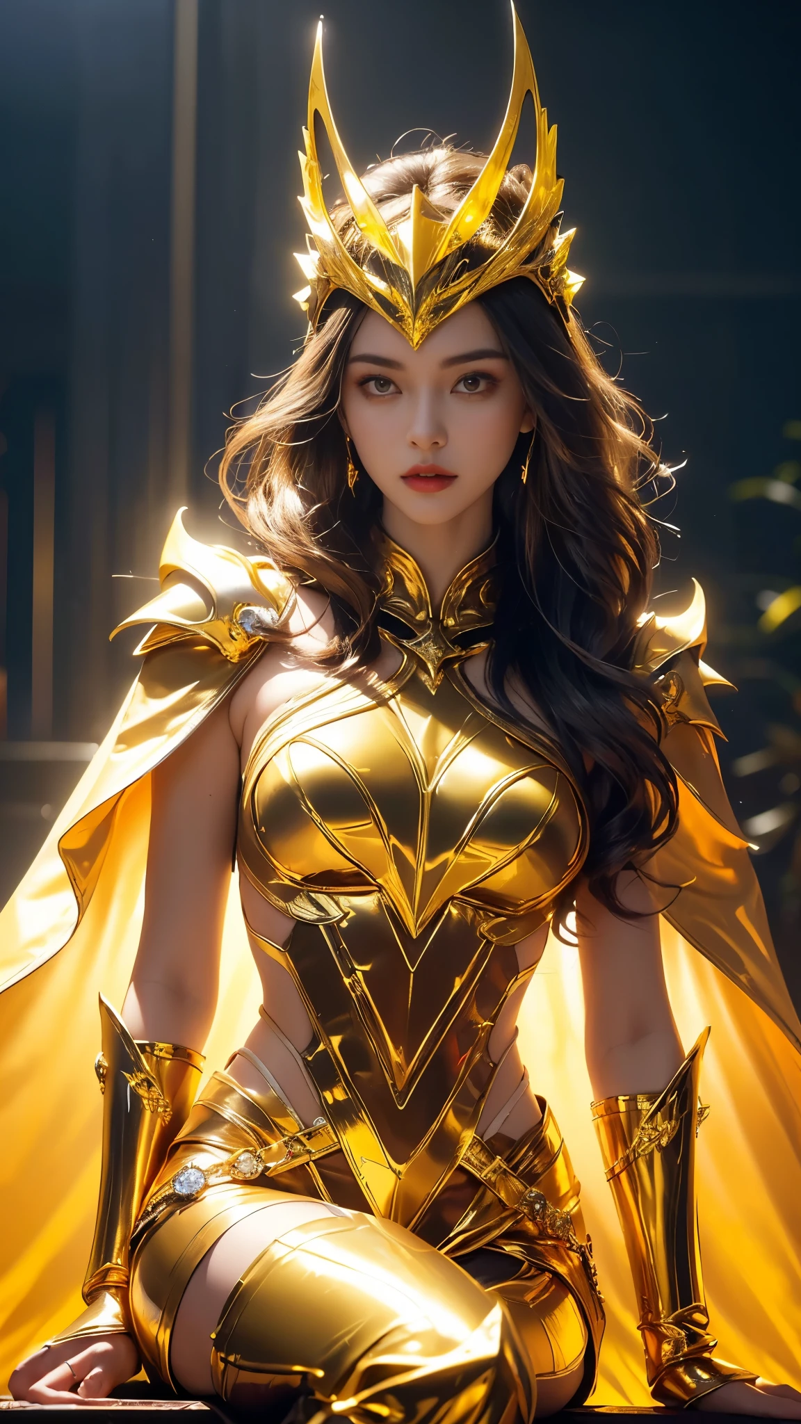 (Best Quality,4K,8K,hight resolution,masutepiece:1.2),Ultra-detailed,Realistic,Portrait,Beautiful Warrior Woman,sexy armor,Strong,which are full of confidence,Strong Face Features,Long flowing hair,intensegaze,powerful stance,Illuminated by a soft golden light,Vivid colors,An majestic,ornate armor,artistic rendering,Dramatic shadows,Textures rich in detail,Sword in hand,mysterious background,Full length portrait,portrait of a full body,Sexy look,wide hips,bare,Pubic hair shows through,Pedras preciosas