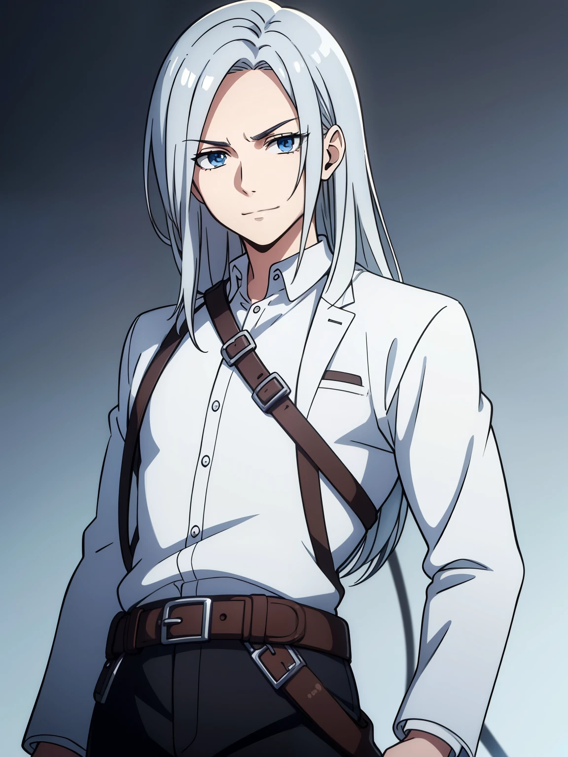 (high-quality, breathtaking),(expressive eyes, perfect face) 1boy, male, solo, portrait, bright smile, kind face, neutral expression, soft smile, Attack on Titan artstyle, portrait, stylized hairstyle, Symmetrical Eyes, silver hair, blue eyes, teenager, grey background, white and blue jacket, black shirt, belt, black pants, medieval clothing, long hair length, narrow eyes, charming
