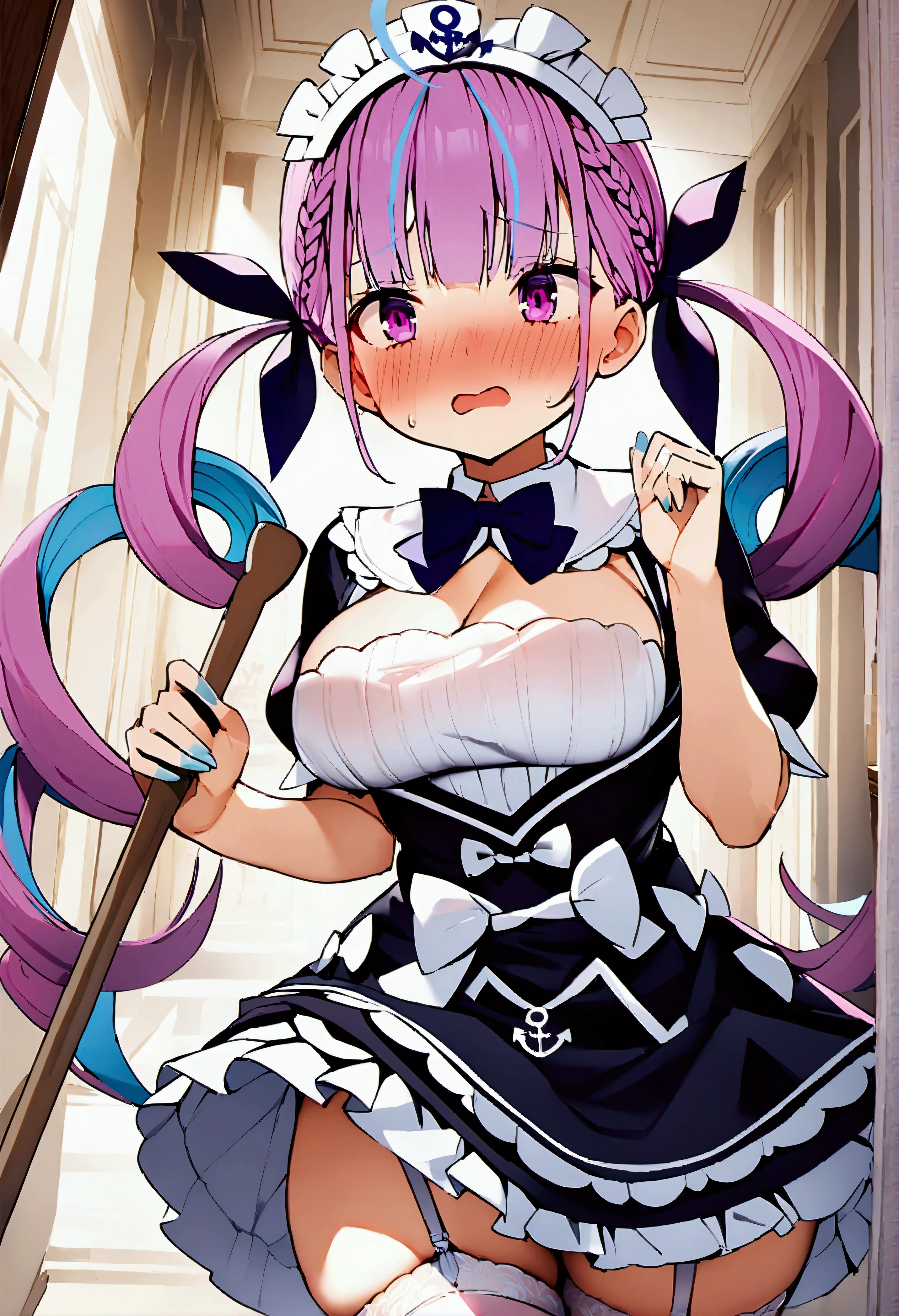 NSFW,masterpiece,Best Quality,High resolution,Very detailed,Minato Aqua\(Hololive\),Multi-colored hair、Twin tails、Colored inner hair、Two-tone hair、Drill Hair、Twin Drill、Ahoge,Big Breasts,Maid uniform,Garter belt,Luxurious mansion,Office,Holding a broom,I&#39;m cleaning,Embarrassed,blush,Shy laugh,(Sexual harassment),(Pink Rotor)