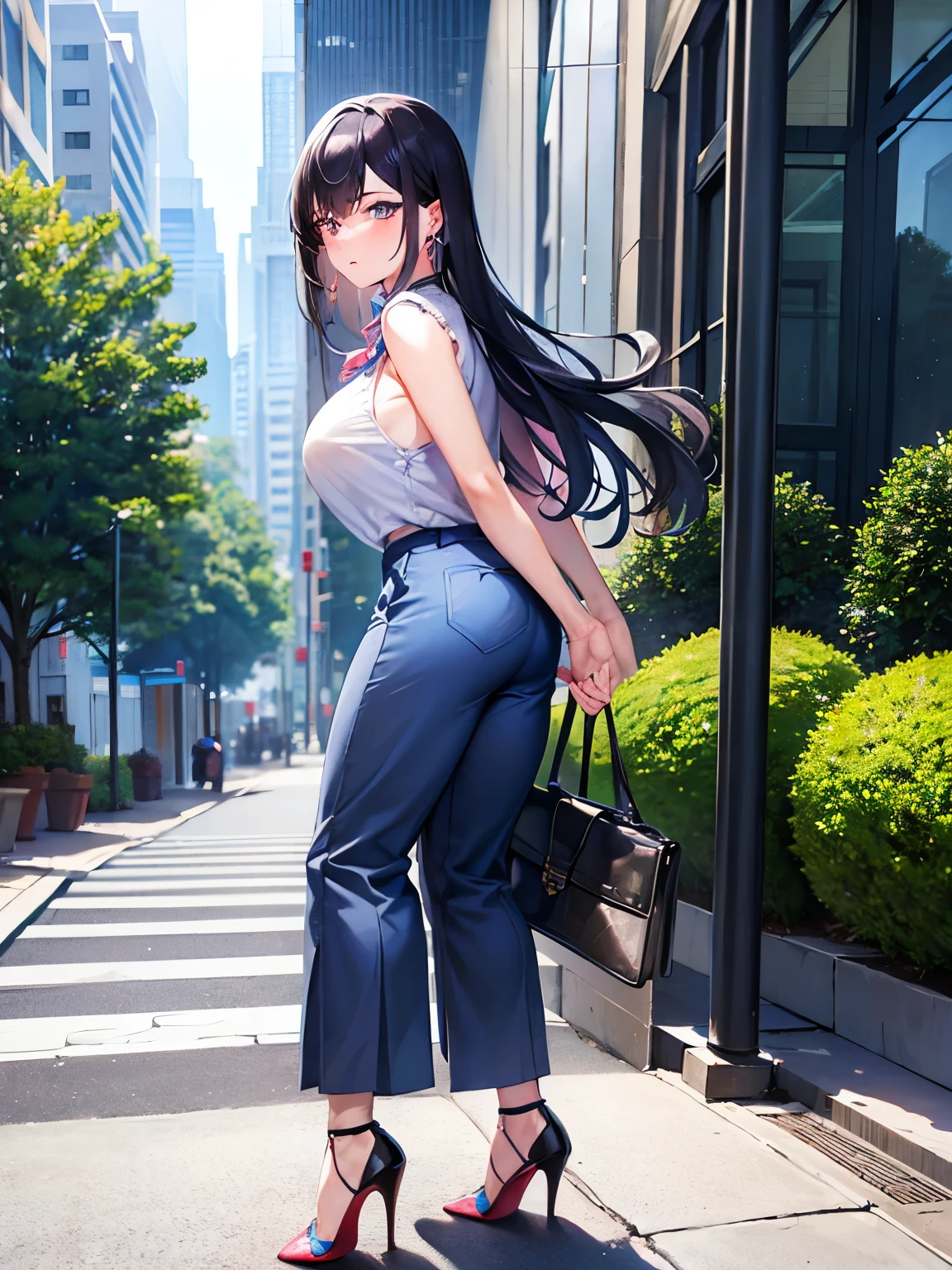 One female、Gaucho pants　light blue、All-lace pattern　Sleeveless shirt　pink、Big Breasts、Beautiful feet、Embarrassed expression、Black Hair　Long Hair、Office buildings、Butt　Looking back　Wall、Diamond Earrings、Chain Necklaces、Red High Heels、Black Band Bag、Women&#39;s Watches　Silver